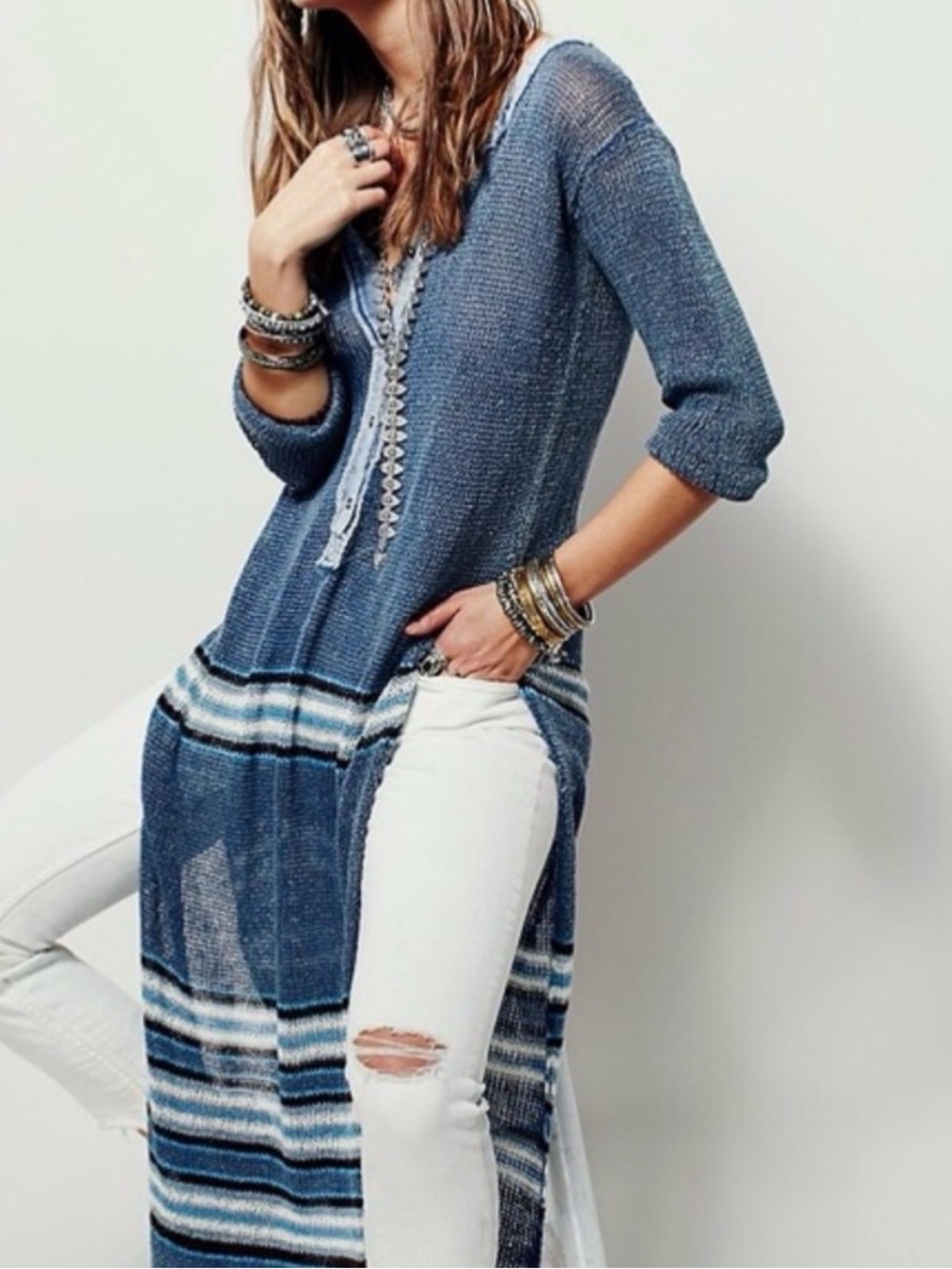 Free People Washed Ashore Henley Maxi Sweater Dress Blue Stripe Linen Size Small